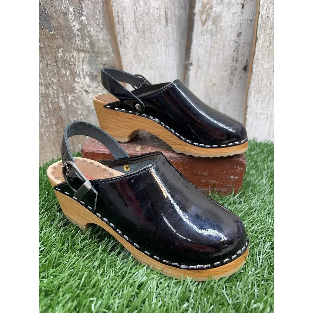 Hanna Andersson Black Patent Leather Wedge Clog Sandals EU30 Kids 12.5